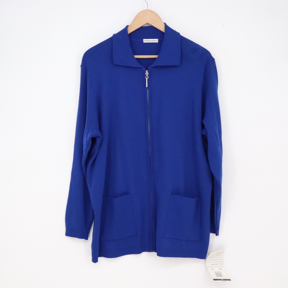 Karen Lessly Cardigan Women XL Sapphire Blue Zip Front Pocket NEW